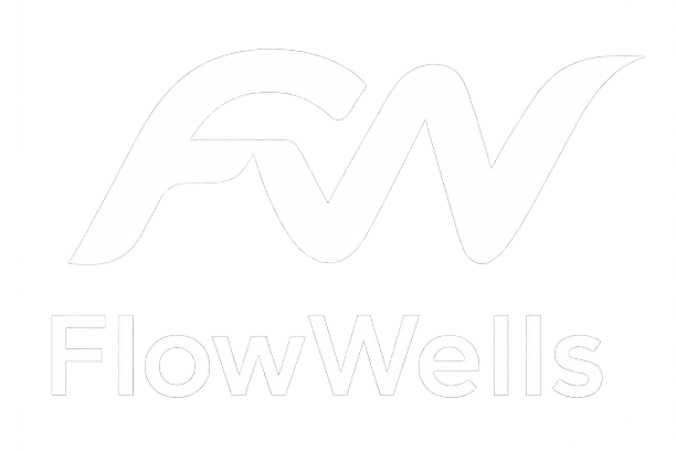 White logo with 'Flow Wells' text on a white background